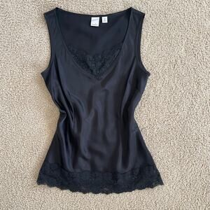 Vintage Y2K 100% Silk Black Lace Trim Tank - Size XS